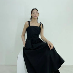 Sleeveless Square Neck Plain Bow Accent Midi A-Line Dress