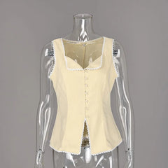Sleeveless Sweetheart Neck Button-Up Lace Trim Top