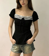 Puff Sleeve Square Neck Lace Panel Tie-Front Slim-Fit Top