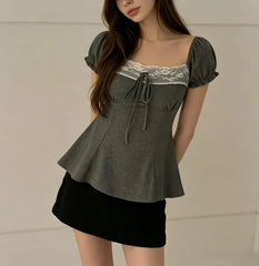 Puff Sleeve Square Neck Lace Panel Tie-Front Slim-Fit Top