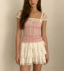 Short Sleeve Square-Neck Lace Panel Tie-Front Slim-Fit Top