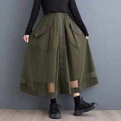 Elastic Waist Plain Large Pocket Zip Panel Mesh Midi A-Line Skirt
