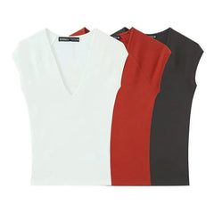 Cap-Sleeve V-Neck Plain T-Shirt