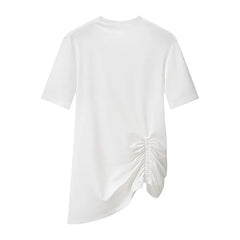Short-Sleeve Crew Neck Plain Ruched Asymmetrical T-Shirt