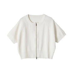 Short-Sleeve Round Neck Plain Zip Cardigan