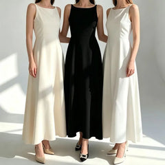 Spaghetti Strap Crew Neck Plain Maxi A-Line Dress