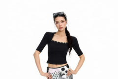 Elbow Sleeve Square Neck Plain Button Embellished Top