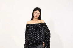 Long Sleeve Off Shoulder Polka Dot Bow Chiffon Top