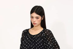 Long Sleeve Off Shoulder Polka Dot Bow Chiffon Top