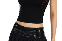 Low Rise Plain Sequin Double Breasted Panel Mesh Mini A-Line Skirt