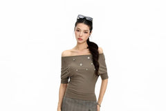 Elbow Sleeve Off Shoulder Plain Button Embellished Top
