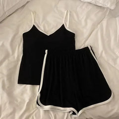 Pajama Set: Spaghetti Strap V-Neck Camisole Top + Shorts