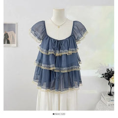 Cap-Sleeve Square Neck Lace Trim Tiered Ruffle Sheer Blouse