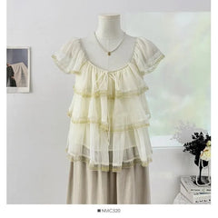 Cap-Sleeve Square Neck Lace Trim Tiered Ruffle Sheer Blouse