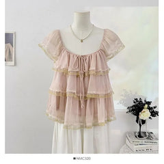 Cap-Sleeve Square Neck Lace Trim Tiered Ruffle Sheer Blouse