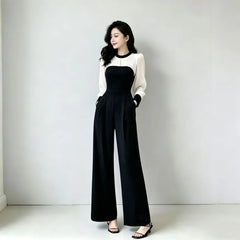 Long-Sleeve Crew Neck Two Tone Jumpsuit