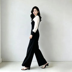Long-Sleeve Crew Neck Two Tone Jumpsuit