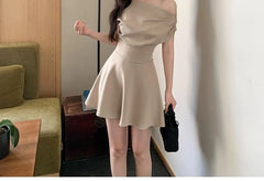 Short-Sleeve Off Shoulder Plain Mini A-Line Dress
