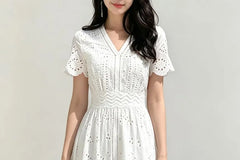 Eyelet Lace Short-Sleeve Midi A-Line Dress
