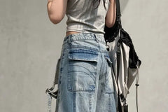 Mid Waist Washed Cargo Baggy Jeans