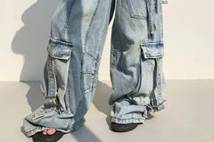 Mid Waist Washed Cargo Baggy Jeans