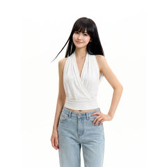 Sleeveless V-Neck Plain Crop Top