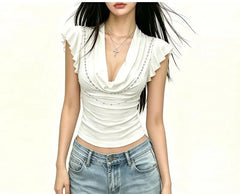 Ruffle Sleeveless Cowl Neck Plain Chain Detail Crop Top
