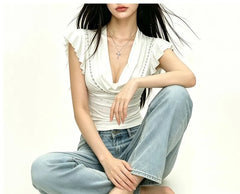 Ruffle Sleeveless Cowl Neck Plain Chain Detail Crop Top