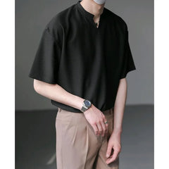 Elbow-Sleeve Notch Neck Plain Ribbed T-Shirt