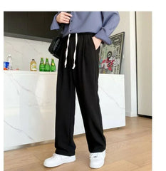 Drawstring Waist Plain Straight Leg Pants