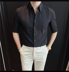 Elbow-Sleeve Button-Up Plain Shirt