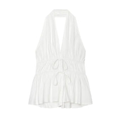 Halter Plain Drawstring Waist Sleeveless Top