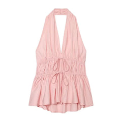 Halter Plain Drawstring Waist Sleeveless Top