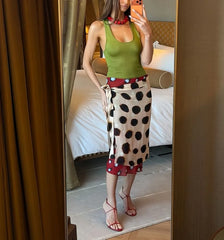 Low Waist Color-Block Polka Dot Midi Skirt