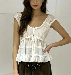 Cap Sleeve Scoop neck Plain Ruffled-Trim Blouse