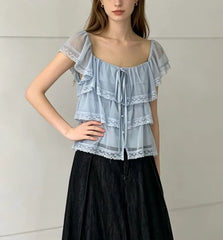Cap Sleeve Square-Neck Tie-Front Lace-Trim Tiered Loose-Fit Blouse