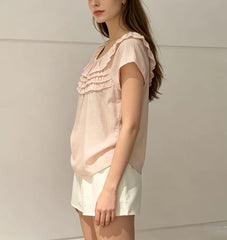 Short Sleeve Ruffled-Trim Plain Loose-Fit Blouse