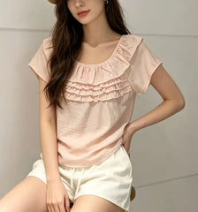 Short Sleeve Ruffled-Trim Plain Loose-Fit Blouse