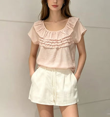 Short Sleeve Ruffled-Trim Plain Loose-Fit Blouse