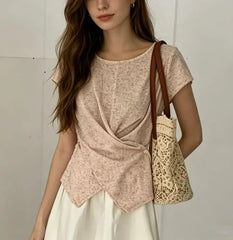 Short Sleeve Plain Asymmetric Hem Slim-Fit T-Shirt