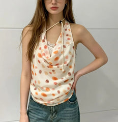 Cowl Neck Polka Dot Sheer Slim-Fit Tank Top