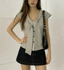 Cap Sleeve V-Neck Tie-Front Gingham Slim-Fit Shirt