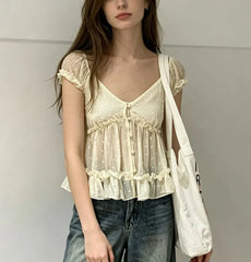 Puff Sleeve V-Neck Polka Dot Ruffled-trim A-Line Blouse