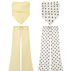 Ruched Asymmetrical Tube Top / Drawstring Waist Flared Pants
