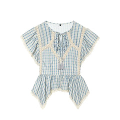 Short-Sleeve Plaid Lace Trim Asymmetrical Blouse