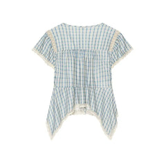 Short-Sleeve Plaid Lace Trim Asymmetrical Blouse