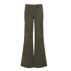 Low Waist Plain Pocket Slim-Fit Boot-Cut Cargo Pants