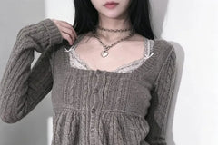 Long Sleeve Square-Neck Plain Cable-Knit Button-Up Loose-Fit Knit Top
