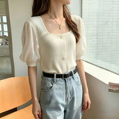 Puff-Sleeve Square-Neck Paneled Ribbed Button-Up Blouse