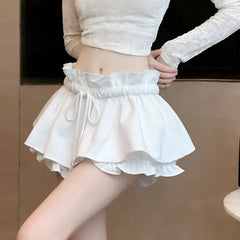 Drawstring Waist Plain Ruffle Mini A-Line Skort